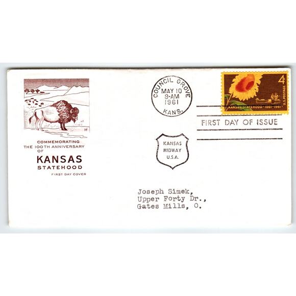 Scott #1192 1961 Kansas Statehood 4c Sunflower First Day Cover FDC Buffalo - Picture 1 of 2